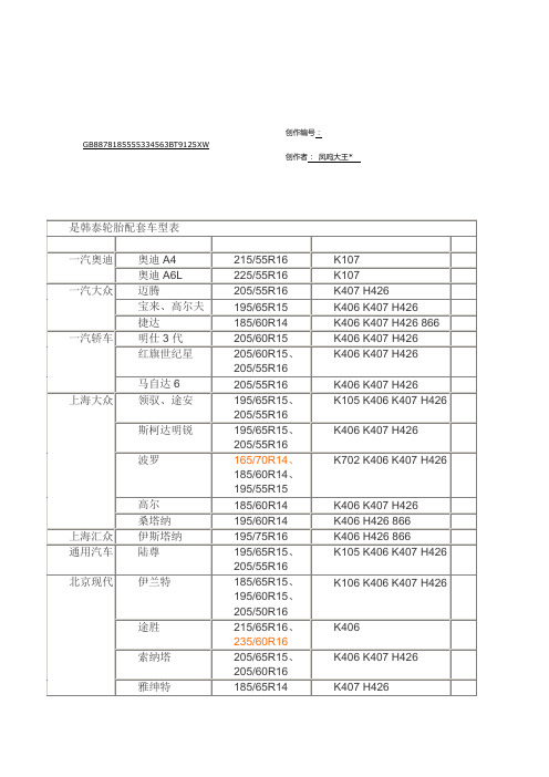 一些轮胎配套的车型对照表