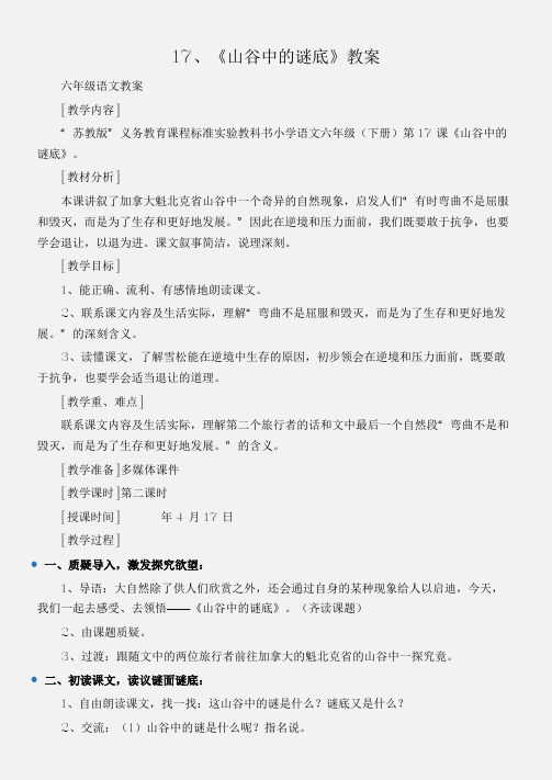 (六年级语文教案)17、《山谷中的谜底》教案