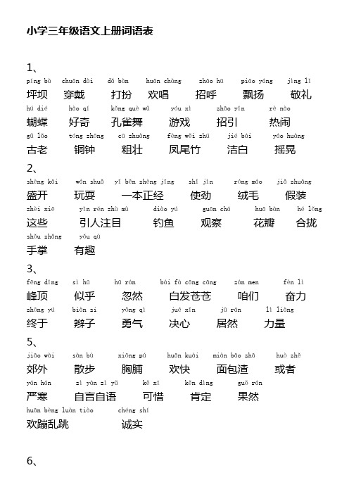 小学语文人教版三年级上册词语表(带拼音)