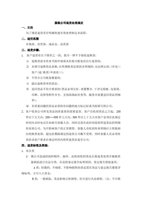 服装公司退货处理规定