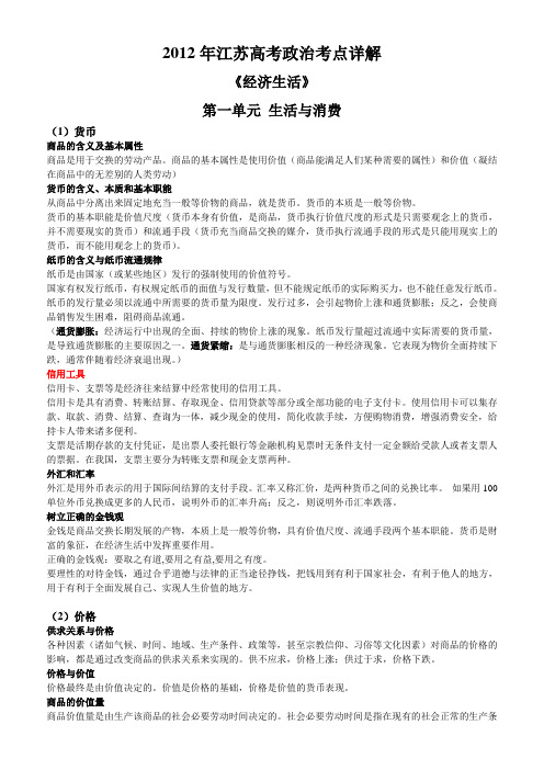 2012江苏高考-政治考点-详解(经济生活、政治生活、文化生活)