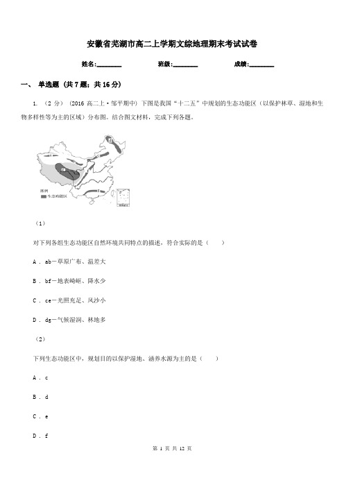 安徽省芜湖市高二上学期文综地理期末考试试卷