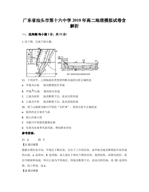 广东省汕头市第十六中学2018年高二地理模拟试卷含解析