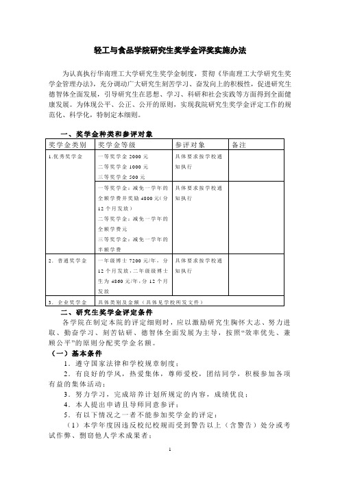 华南理工大学轻工与食品学院奖学金评定相关细则