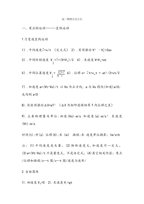 高一物理必修一公式大全