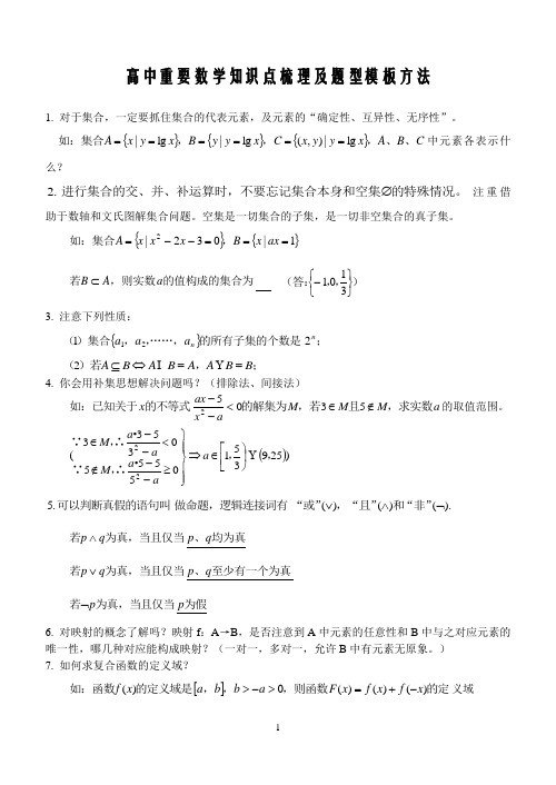 2012年高考数学重要知识点梳理及题型模板方法