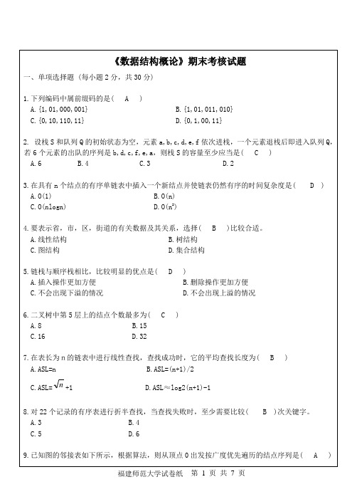 福建师范大学19年8月课程考试数据结构概论作业考核试题【辅导答案】