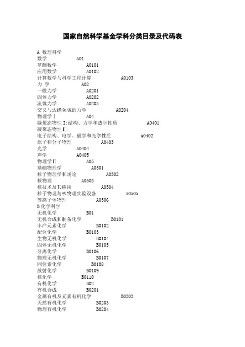 国家自然科学基金学科分类目录及代码表