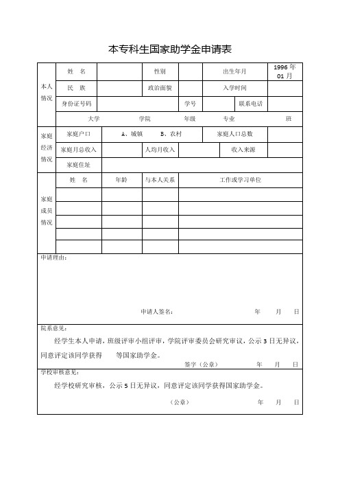 (填表说明)本专科生国家助学金申请表