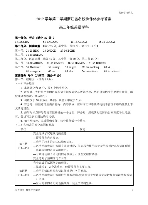 浙江省名校协作体2020届高三下学期联考英语试题 Word版含答案答案