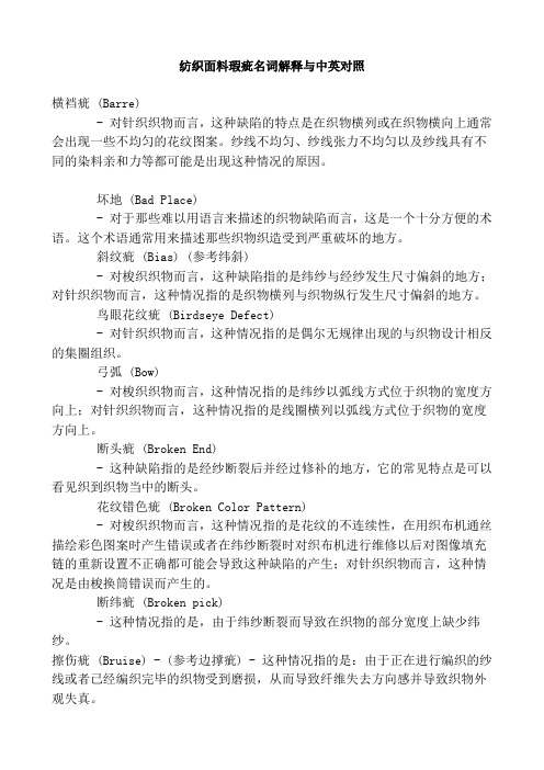 纺织面料瑕疵名词解释与中英对照