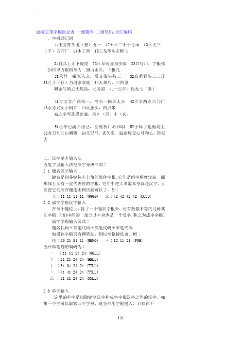 86版五笔字根助记表一级简码二级简码