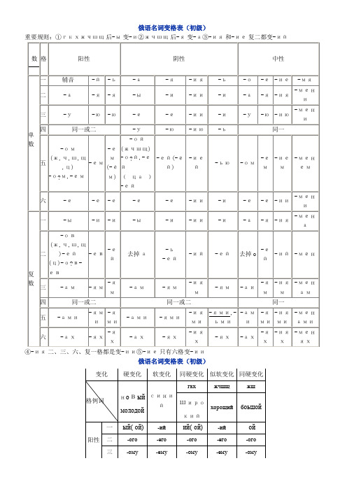 俄语名词形容词代词变格表格模板