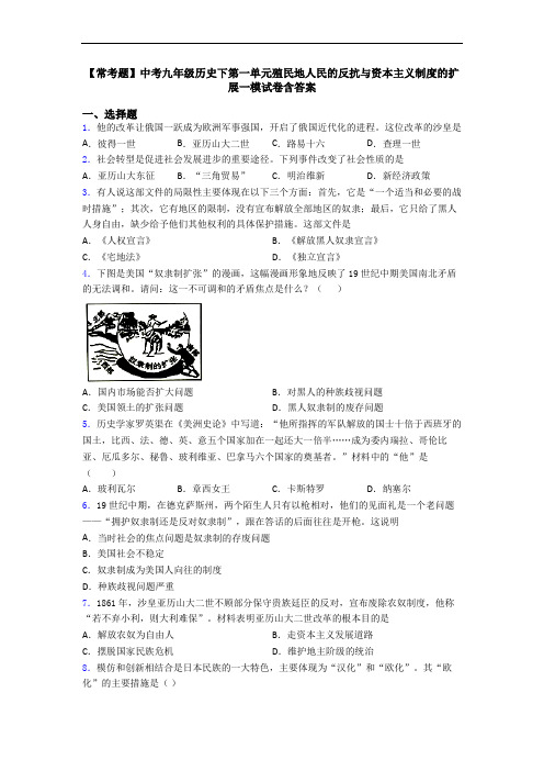【常考题】中考九年级历史下第一单元殖民地人民的反抗与资本主义制度的扩展一模试卷含答案
