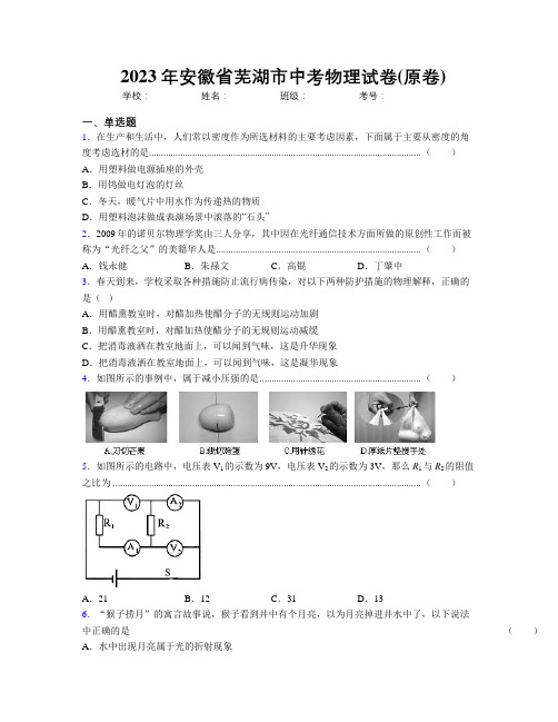 最新2023年安徽省芜湖市中考物理试卷(原卷)及解析