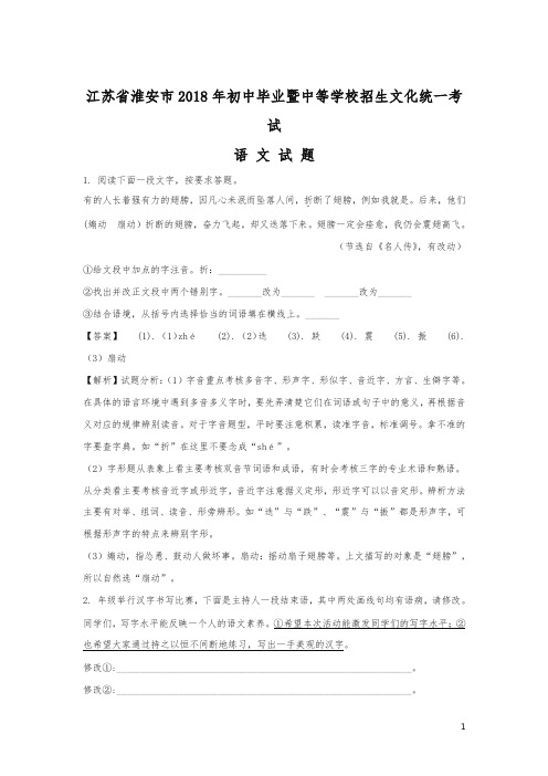 江苏省淮安市2018年中考语文试题及答案解析(真题卷)