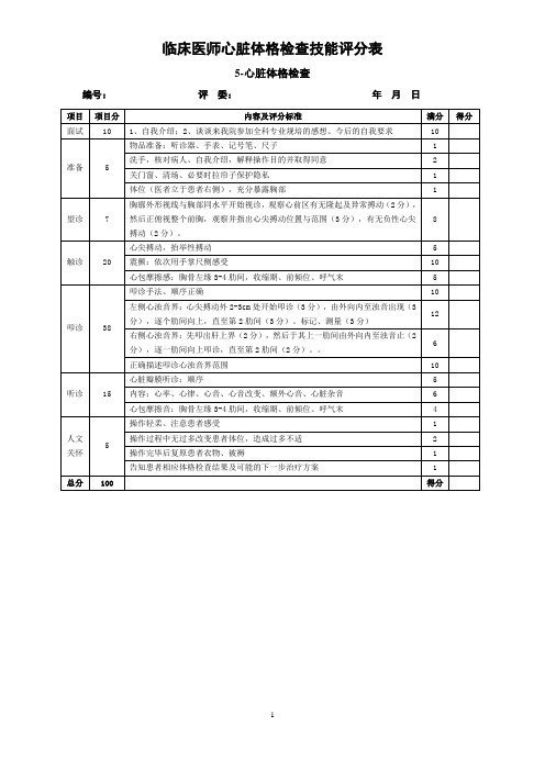 临床医师心脏体格检查技能评分表
