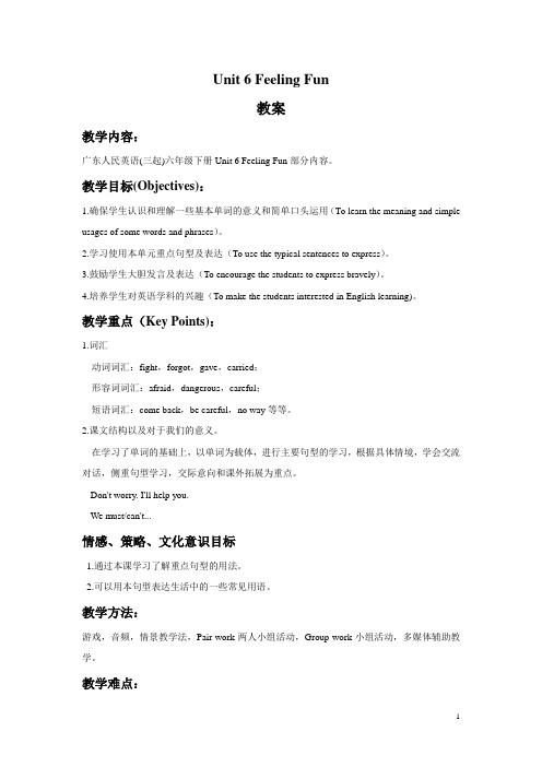 广东人民版(三起)六年级英语下册教案Unit 6 Feeling Fun教案