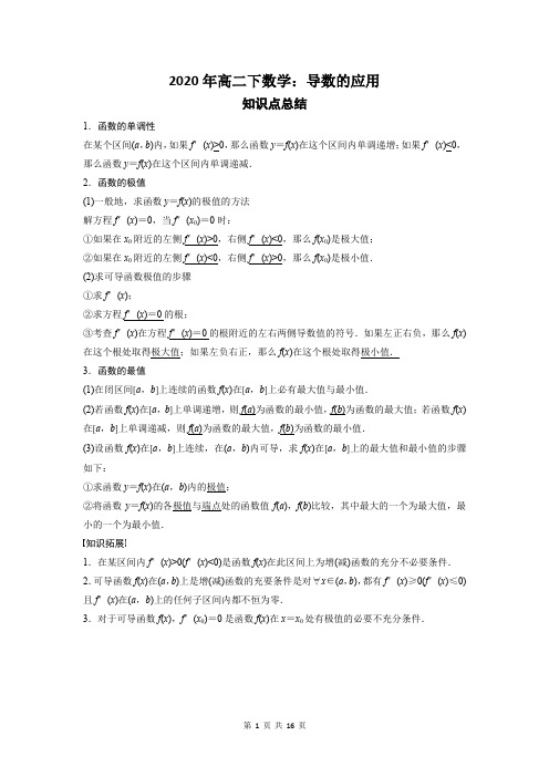 2020年高二下数学：导数的应用(学生版)