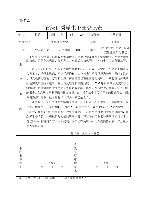 省级优秀学生干部登记表