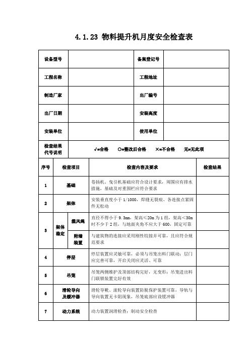 物料提升机月度安全检查表
