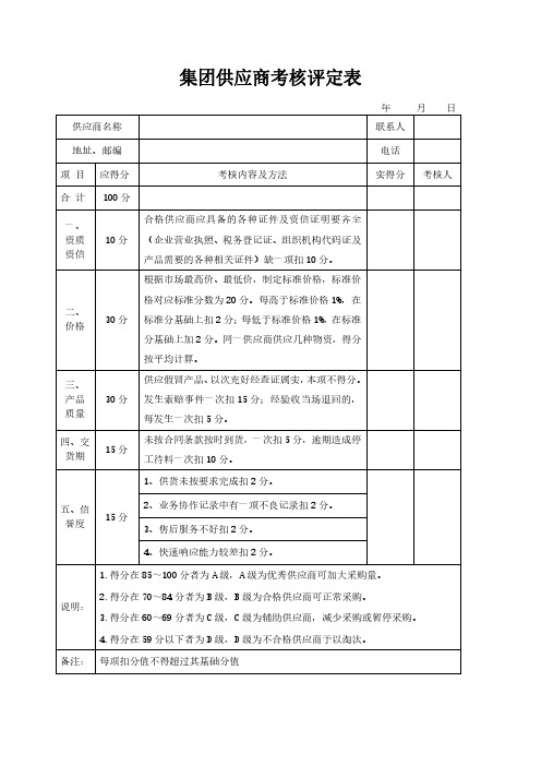 集团供应商考核评定表模板