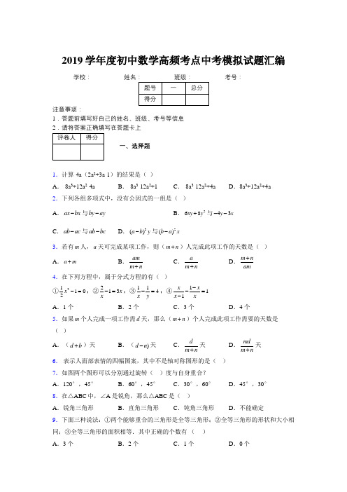 2019学年度初中数学高频考点中考模拟试题汇编991326