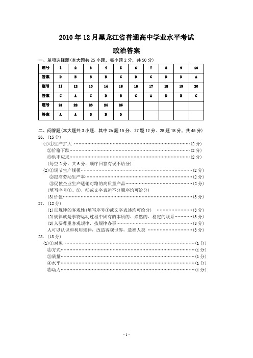 2010年12月黑龙江省普通高中学业水平考试政治答案