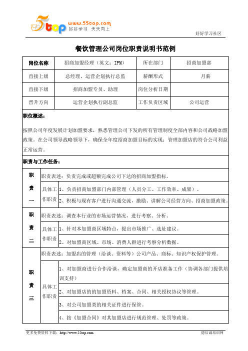 餐饮连锁招商加盟经理岗位职责说明书
