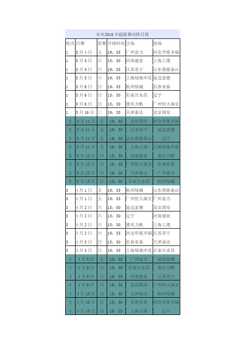 2016中超联赛对阵日程