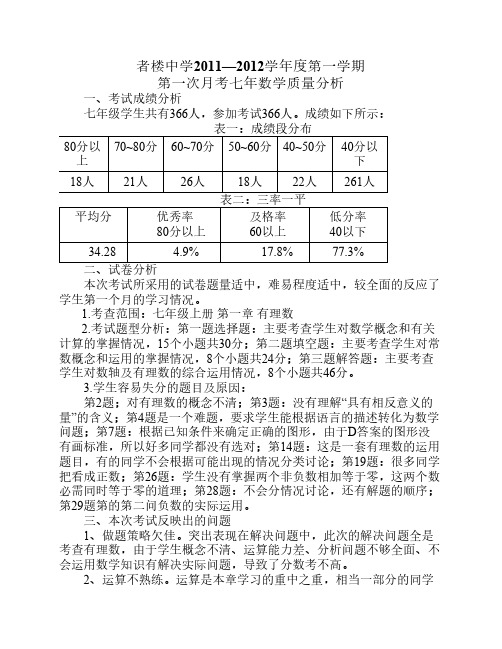 七年级数学第一次月考质量分析