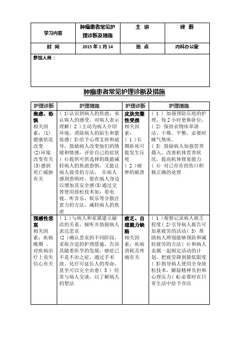 肿瘤患者常见护理诊断及措施