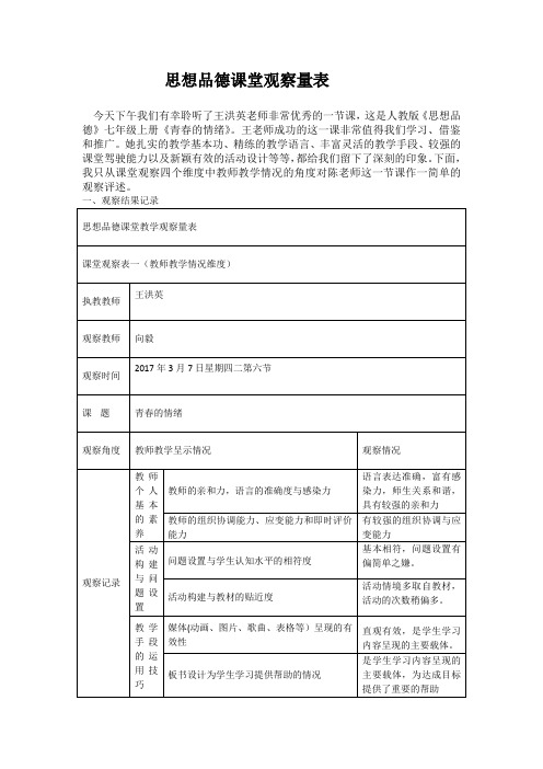 思想品德课堂观察量表