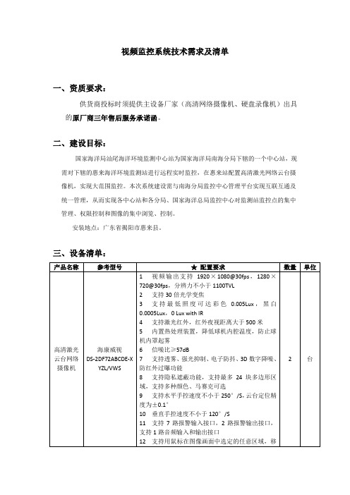 视频监控系统技术需求及清单