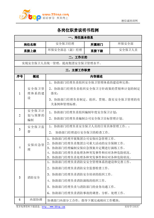安全保卫经理岗位职责说明书