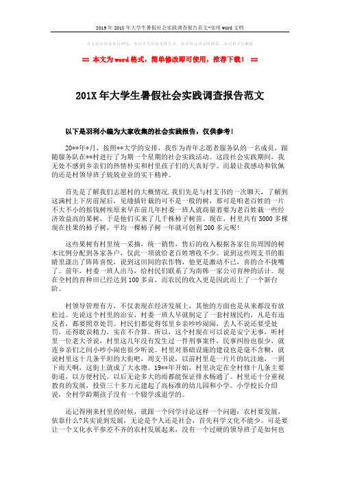 2019年201X年大学生暑假社会实践调查报告范文-实用word文档 (2页)