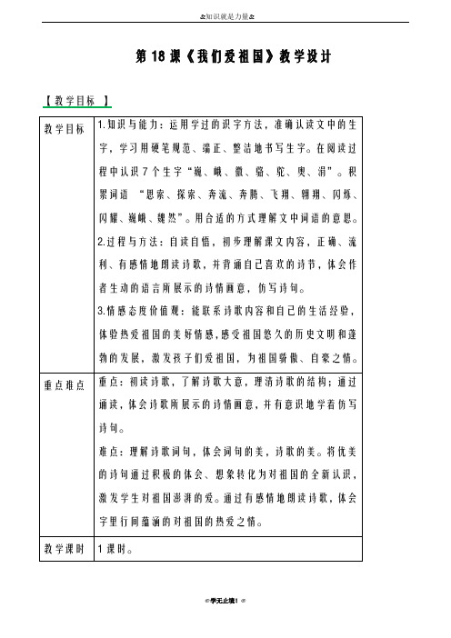 2018-2019年度新西师大版小学四年级语文下册18我们爱祖国 教案教学设计