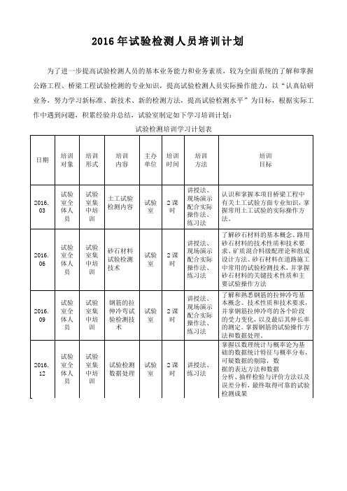 2016年试验检测人员培训计划
