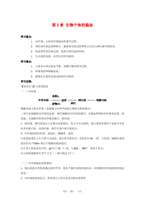 高中生物：第2章《生物个体的稳态》学案(苏教版必修3)