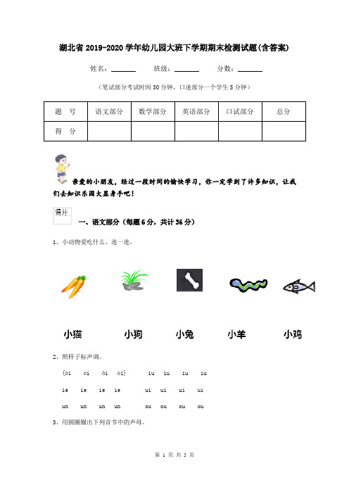 湖北省2019-2020学年幼儿园大班下学期期末检测试题(含答案)