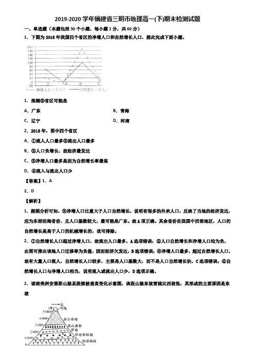 2019-2020学年福建省三明市地理高一(下)期末检测试题含解析