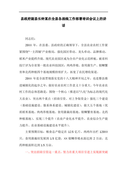 县政府副县长钟某在全县各战线工作部署培训会议上的讲话