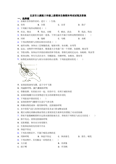 北京市人教版八年级上册期末生物期末考试试卷及答案