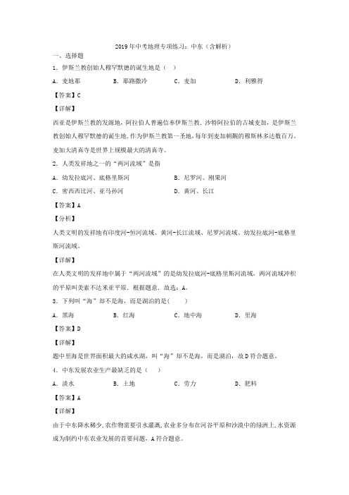 2019年中考地理专项练习：中东(含解析)