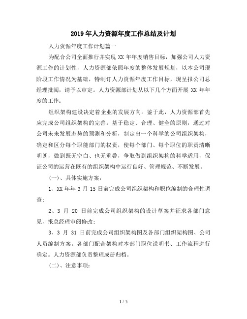 2019年人力资源年度工作总结及计划