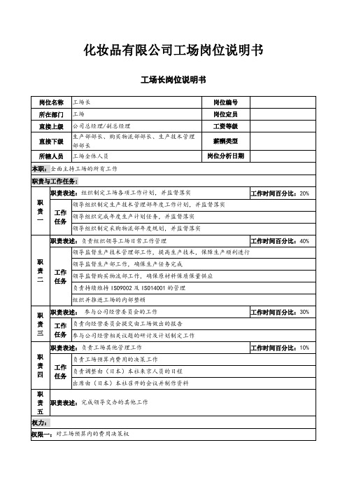 化妆品有限公司工场岗位说明书