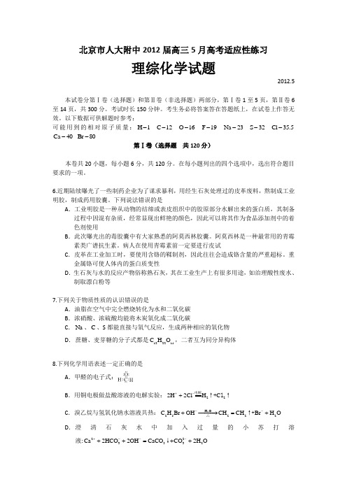 2012年5月北京海淀区人大附中-第三次模考试-化学试题及答案