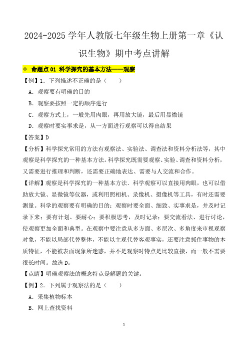 2024-2025学年人教版七年级生物上册第一章《认识生物》期中考点讲解