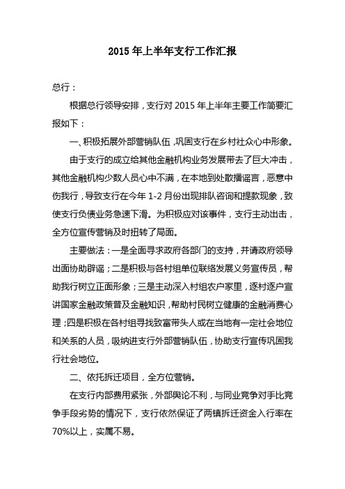 支行2015年上半年主要工作汇报