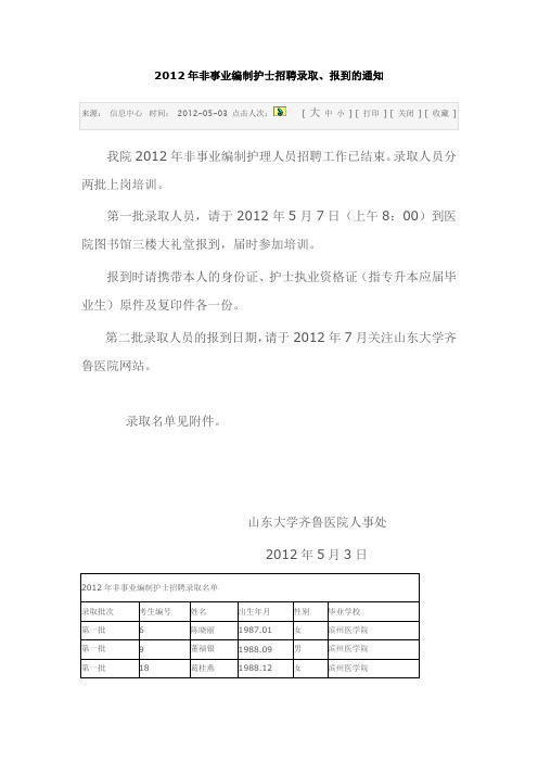 齐鲁医院 2012年非事业编制护士招聘录取、报到的通知 5月 4月